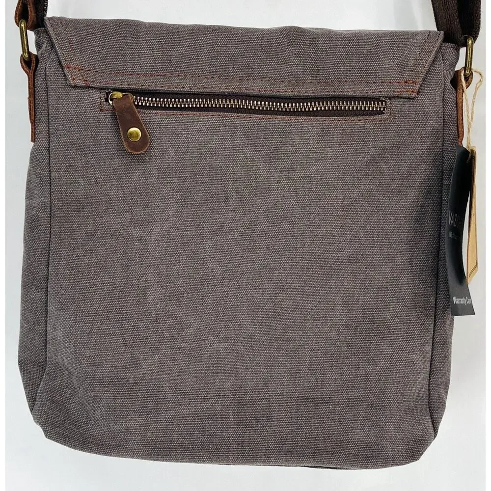 NWT VASCHY Canvas Leather Messenger Bag Gray Vintage Crossbody